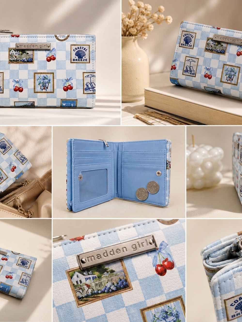 Madden Girl Light Blue Checkered Wallet with Cherry & Coastal Prints